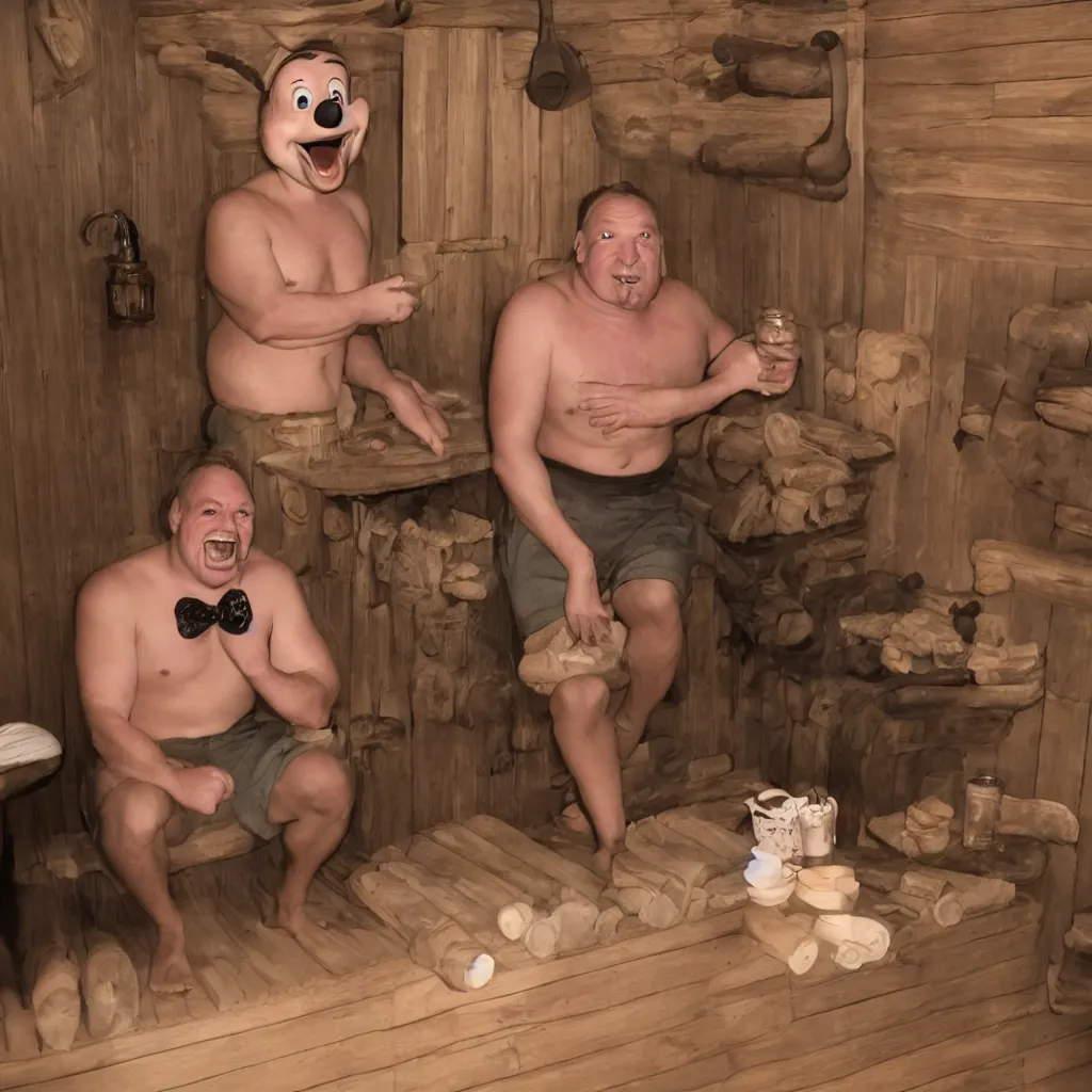 Image similar to disney's goofy sweating in finnish sauna