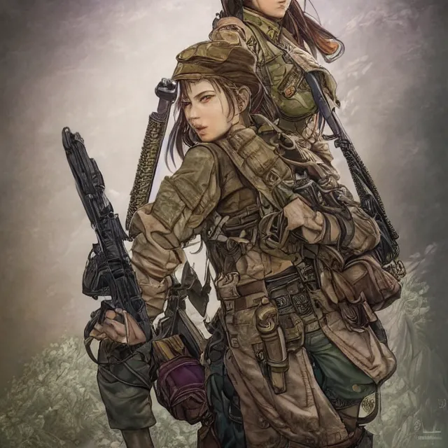 Image similar to the portrait of lawful neutral semi - colorful female infantry sniper as absurdly beautiful, gorgeous, elegant, young woman looking up, an ultrafine hyperdetailed illustration by kim jung gi, irakli nadar, intricate linework, bright colors, octopath traveler, final fantasy, unreal engine 5 highly rendered, global illumination, radiant light, detailed and intricate environment