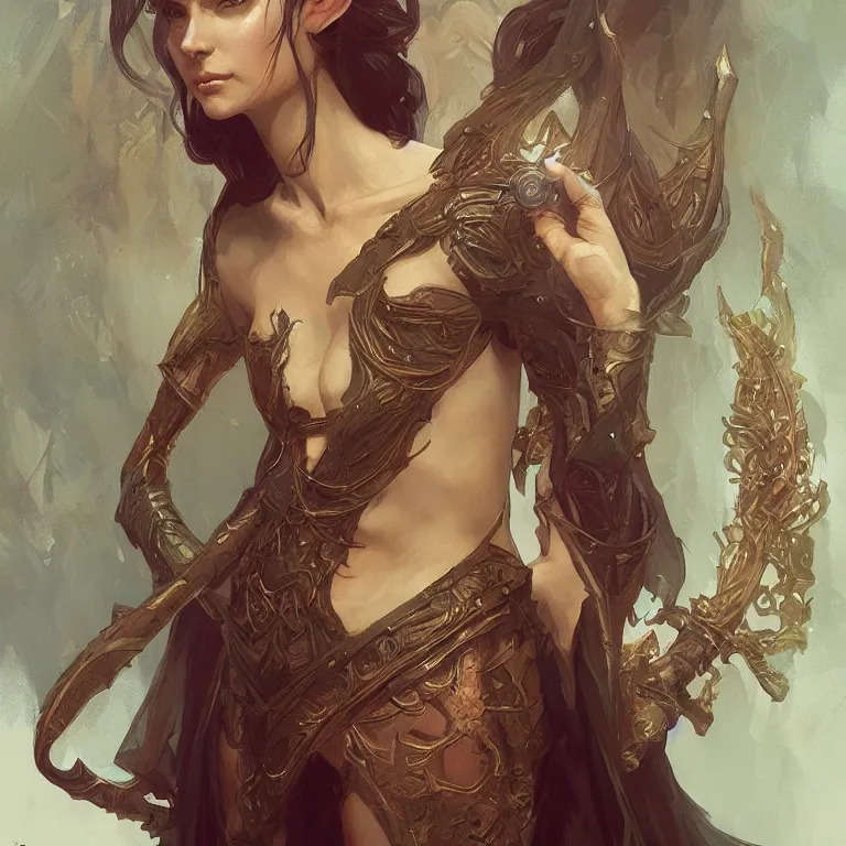 Image similar to portrait of an elf queen, D&D, fantasy, highly detailed, digital painting, artstation, concept art, smooth, sharp focus, illustration, art by greg rutkowski and alphonse mucha