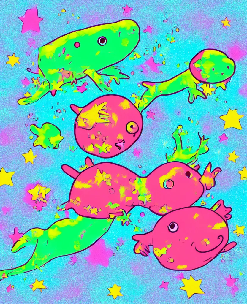 Prompt: cute axolotl floating in space, oil pastel art, organic digital art, 3 d hd high definition render, in the style of warhol 7 0 ’ s