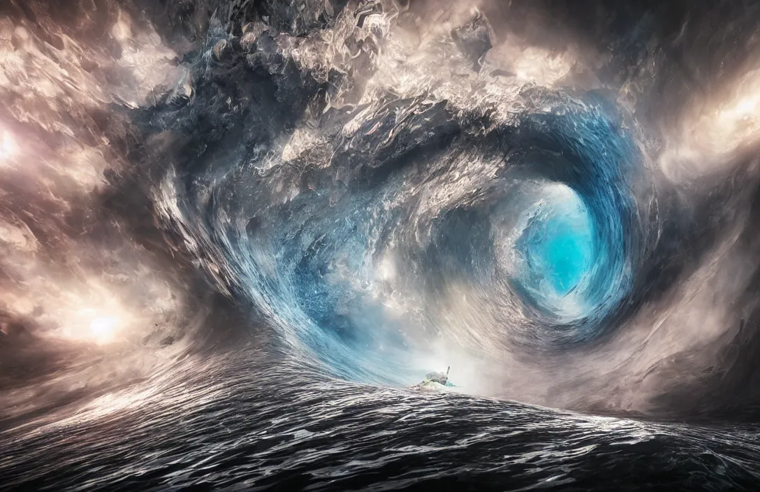 Image similar to surfing the rifts of spacetime by ben wanat ; cosmic, insane details, photography, unreal engine ;