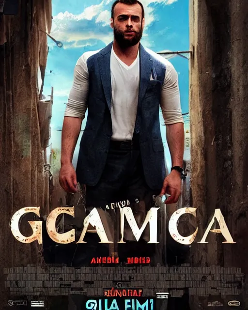 Image similar to a movie about the adventures of Gigachad, movie poster