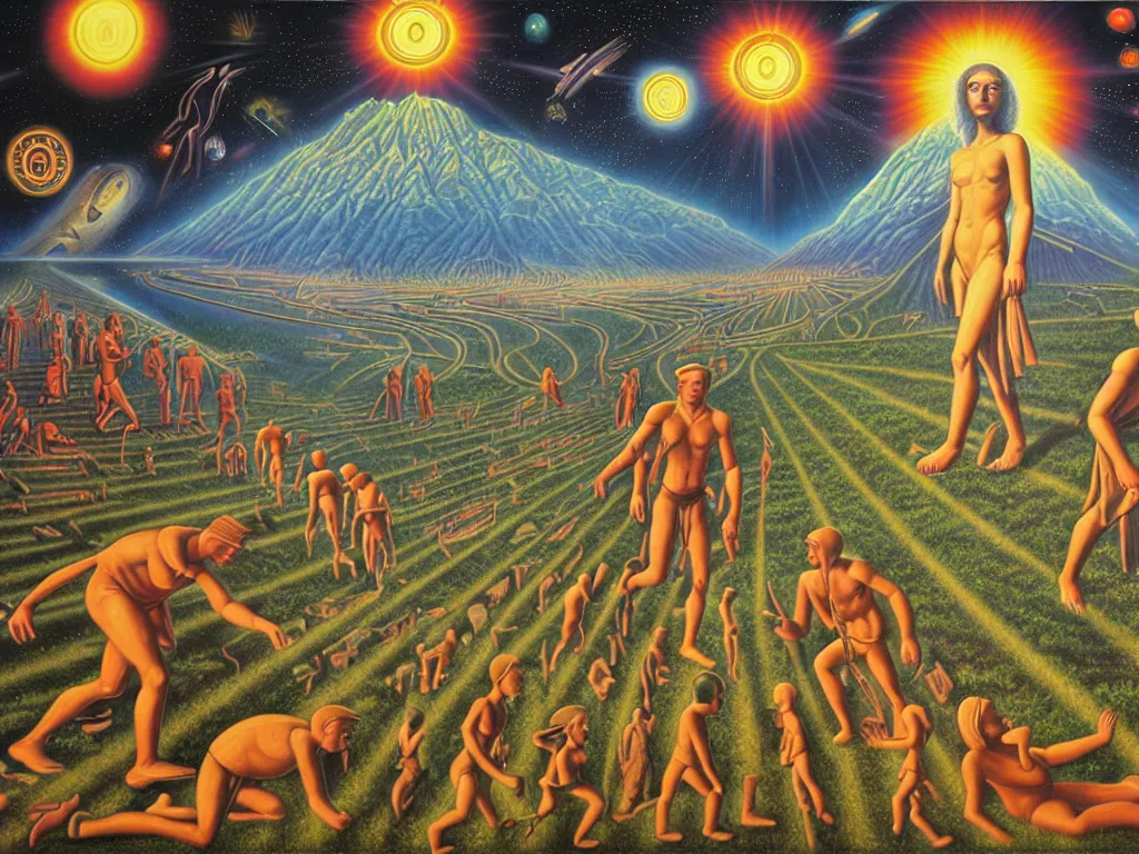 Image similar to human evolution path, spiritual science, divinity, utopian civilization, by david a. hardy, wpa, public works mural, socialist