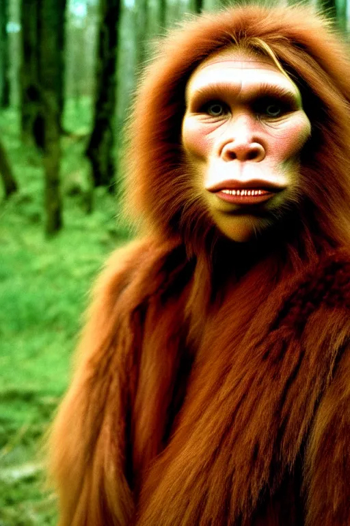 Image similar to a professional portrait photo of a neanderthal woman forest, dirty face, ginger hair and fur, extremely high fidelity, natural lighting, still from the movie quest for fire