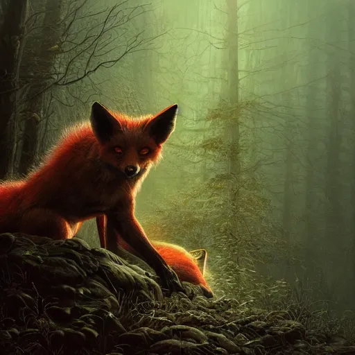 Image similar to photorealistic demonic fox in the style of michael whelan and gustave dore. hyperdetailed photorealism by greg rutkowski. 1 0 8 megapixels, 3 d finalrender, cinematic lighting