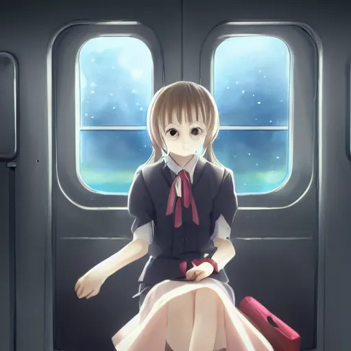 Image similar to portrait of the lone girl sitting in train carriage, anime fantasy illustration by tomoyuki yamasaki, kyoto studio, madhouse, ufotable, trending on artstation