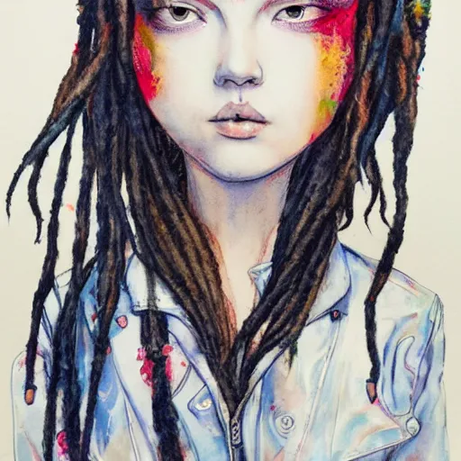 Image similar to james jean water color of a beautiful girl with dreadlock and a leather jacket