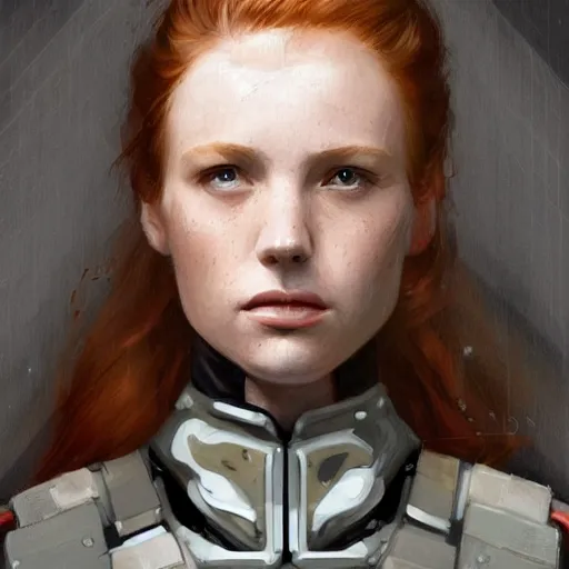 Prompt: Portrait of a woman by Greg Rutkowski, she is about 20 years old, scottish, redhead wavy hair, young, attractive, athletic, badass, annoying sister vibes, she is wearing futuristic military fatigues, highly detailed portrait, scifi, digital painting, artstation, concept art, smooth, sharp foccus ilustration, Artstation HQ