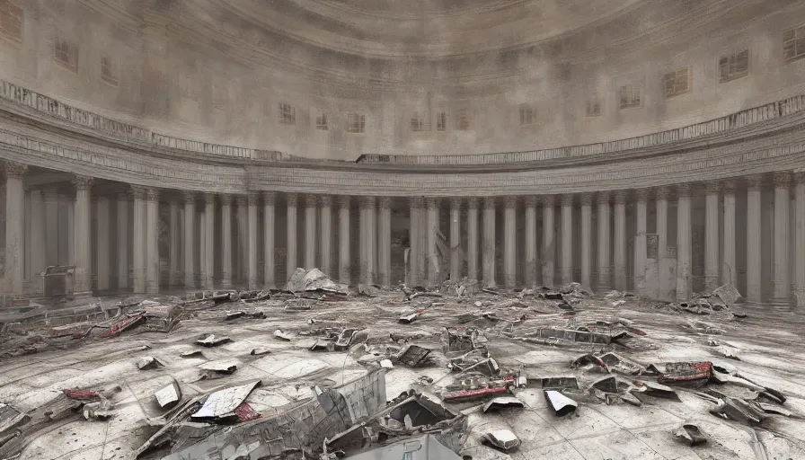 Image similar to interior of the destroyed washington dc's capitol, dust, flying dust particles, dirty ground, hyperdetailed, artstation, cgsociety, 8 k