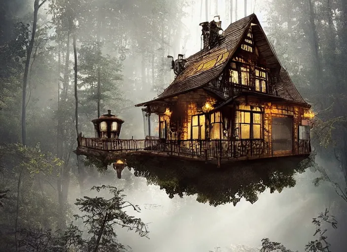 Image similar to house in a clearing in the middle of the forest, beautifully lit, steampunk, by sylwia bomba