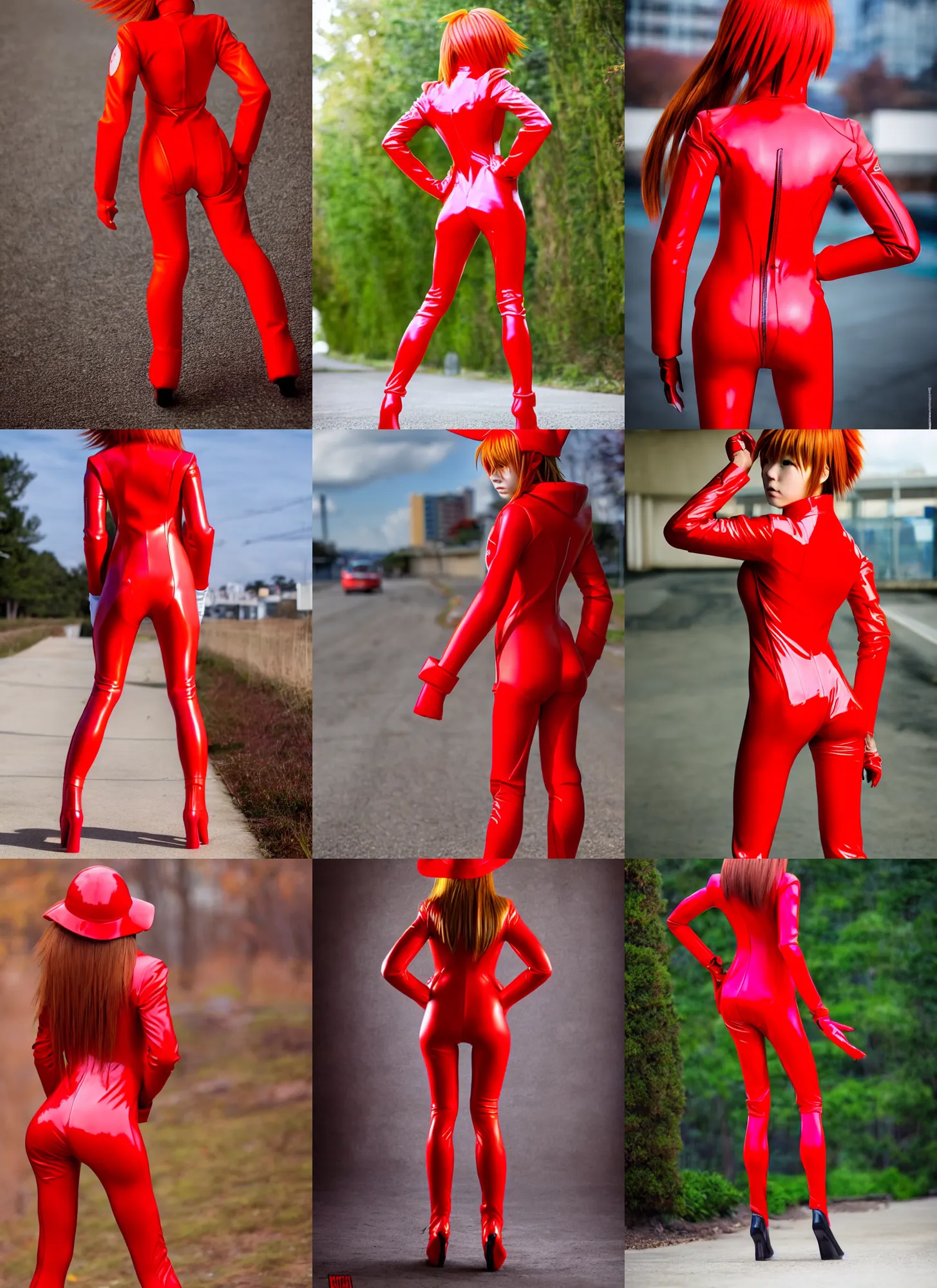 Prompt: Asuka Langley in her signature red plugsuit and jacket! , brown jacket , from behind , brown hair, dark hat, photorealistic perfect body , hourglass! slim figure , juicy legs , view from behind , medium shot, Asuka suit under clothes! , sports jacket , solo photoshoot , DSLR , wallpaper , cosplay , full body , cinematic 4K blu-ray , japanese Evangelion Rebuild live-action movie