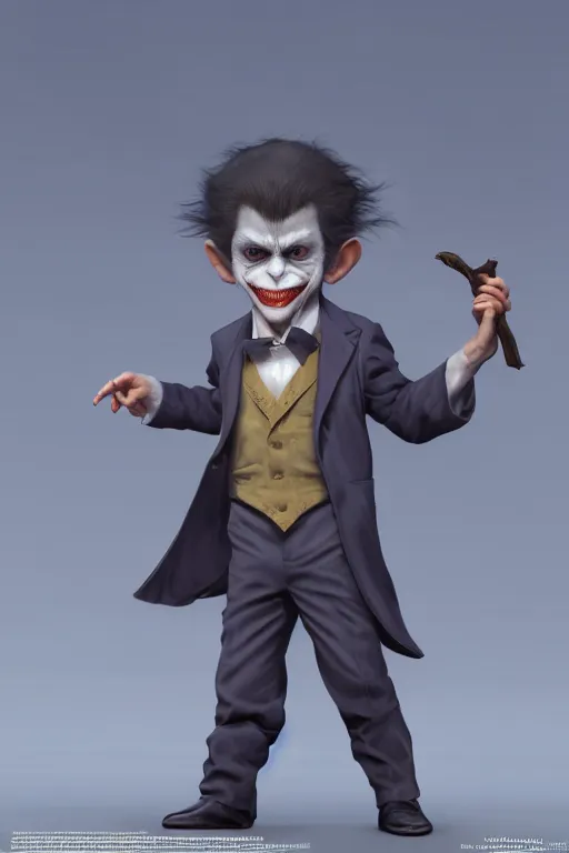 Image similar to cute adorable miniature Joker but he's an ape kid in a business suit, realistic and ultra intricate detailed soft painting, volumetric lighting, mist, Artstation, Tom Bagshaw Yasushi Nirasawa Moebius artstyle, unreal render, depth of field