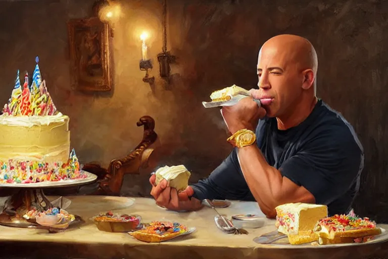 Image similar to portrait of vin diesel eating cake alone wearing a birthday hat, an oil painting by ross tran and thomas kincade