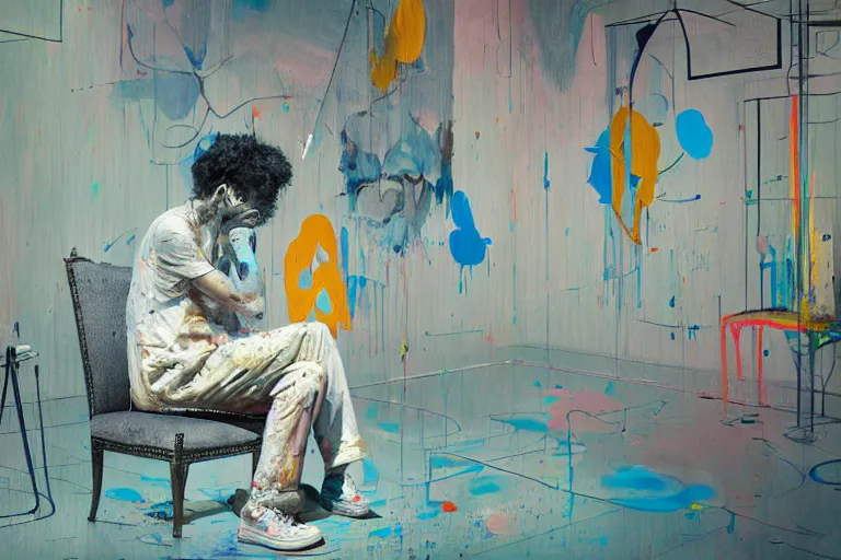 Image similar to portrait of a painter sitting in a chair contemplating, art by james jean and luc tuymans and vincent lefevre and hernan bas and pat steir and hilma af klint, psychological, dripping paint, high quality render, cg society contest winner, retrofuturism, masterpiece