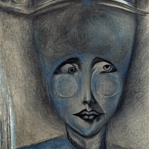 Prompt: Close-up of her majesty, pencil drawing. El Greco, Remedios Varo, Salvador Dali, Carl Gustav Carus, John Atkinson Grimshaw. Blue tint. Symetrical, logo, geometric shapes.