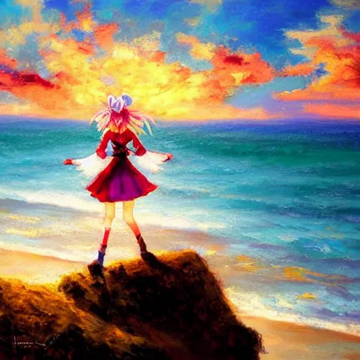 Image similar to Beautiful abstract impressionist painting of Kirisame Marisa from the Touhou project on a cliff looking calmly at the sea at sunset, touhou project official artwork, danbooru, oil painting by Antoine Blanchard, wide strokes, pastel colors, soft lighting sold at an auction