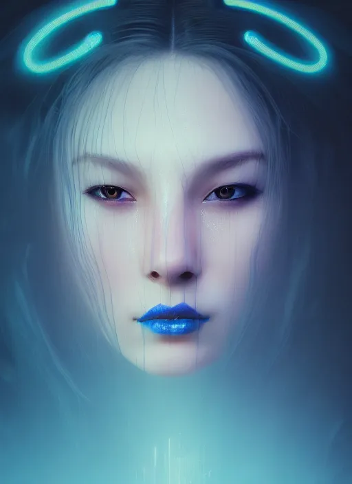 Prompt: centered portrait of a beautiful woman wearing a venetian mask, intricate concept art, ethereal, highly detailed, artstation, smooth, sharp focus, mist, volumetric lighting, darksynth, illuminated blue neon lines, outrun, vaporware, octane render, 8 k, by ruan jia and ilya kuvshinov and liam wong and alphonse mucha