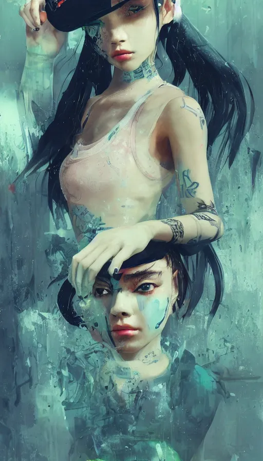 Image similar to altered carbon, madison beer, detailed portrait young gangster lolita, amazing beauty, visor, neon tattoo, styled hair, decorated traditional japanese ornaments by carl spitzweg, ismail inceoglu, vdragan bibin, hans thoma, greg rutkowski, alexandros pyromallis, perfect face, fine details, realistic shaded