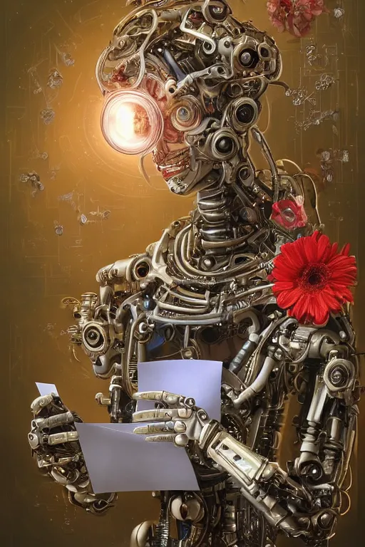 Prompt: a beautiful intricate fine art portrait photo of a happy mechanical futuristic cybernetic humanoid reading a letter of good news, by tom bagshaw and anna dittman, eyes light up, perfection!, studio lighting, golden ratio composition, 3 5 mm lens, bionic robot overgrown with flowers, cybernetic scifi, deep depth of field, artstation, 8 k