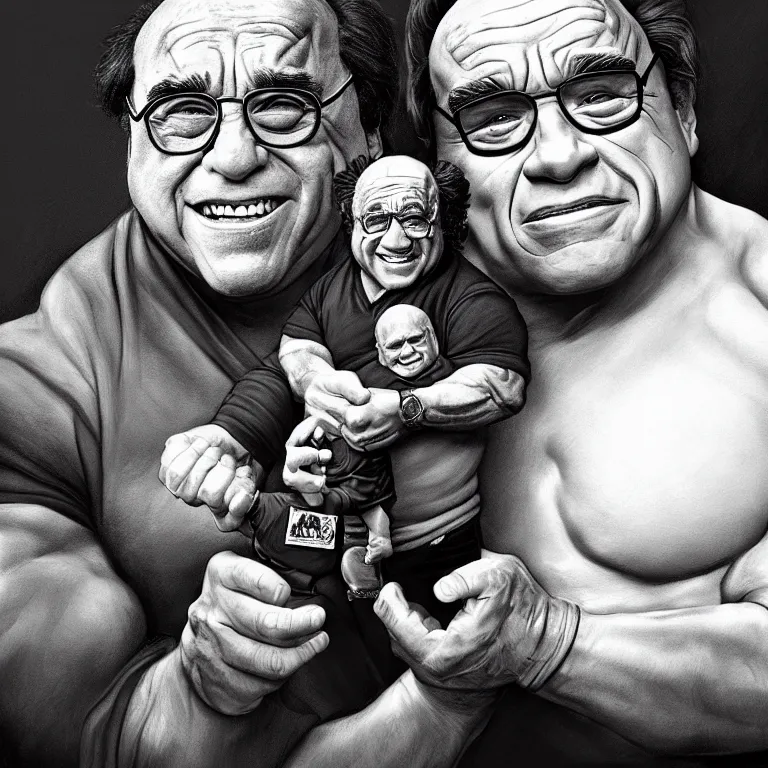 Prompt: Portrait of Danny DeVito holding a miniature Arnold Schwarzenegger gently in his hands, highly detailed, concept art, illustration, cinematic, artstation, digital painting, mystical, zen