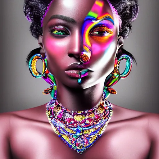 Prompt: the portrait of the absurdly beautiful, graceful, elegant, gorgeous, fashionable dark skinned glamour model made with rainbow jewelry, an ultrafine hyperdetailed photograph by irakli nadar, intricate linework, bright colors, octopath traveler, final fantasy, unreal engine highly rendered, global illumination, radiant light, intricate environment
