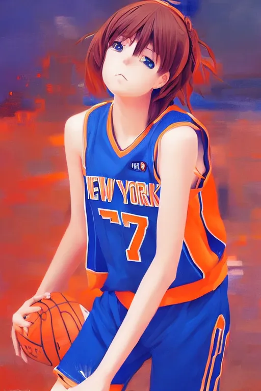 Prompt: A ultradetailed beautiful panting of a stylish anime girl, she is wearing a New York Knicks basketball jersey, Oil painting, by Ilya Kuvshinov, Greg Rutkowski and Makoto Shinkai