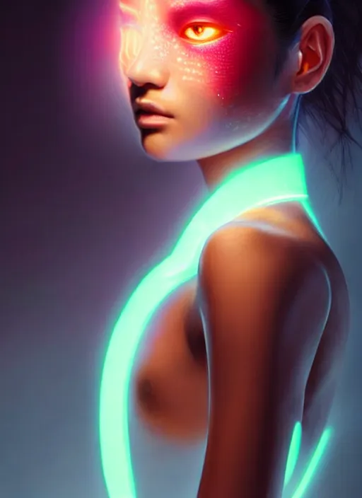 Prompt: photorealistic portrait of oriental female humanoid with freckle cheeks, cyber neon lightings, intricate, cyberpunk high fashion, elegant, crispy quality, digital photography, trending in artstation, trending in pinterest, glamor pose, no signature, no watermark, cinematic, octane render, art by artgerm, art by greg rutkowski, art by pascal blanche