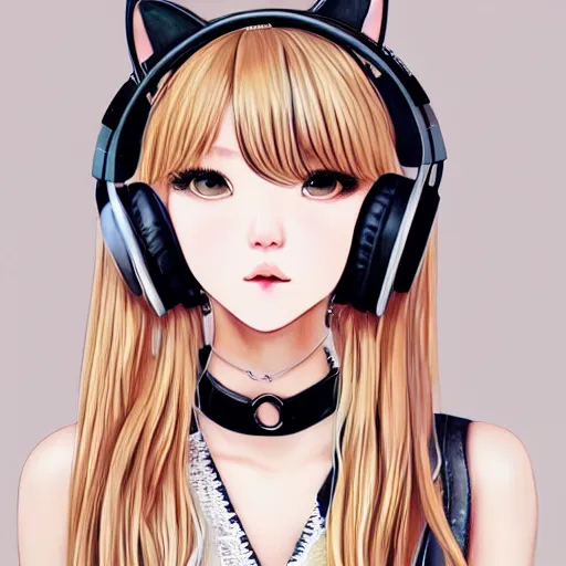 Image similar to realistic beautiful gorgeous natural cute Blackpink Lalisa Manoban blonde hair cute fur blonde cat ears, wearing camisole, wearing headphones, wearing black leather choker artwork drawn full HD 4K highest quality in artstyle by professional artists WLOP, Taejune Kim, Guweiz on Artstation Pixiv