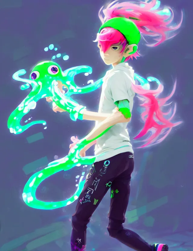 Image similar to a beautiful fullbody portrait of a cute splatoon anime boy with pink hair and green eyes wearing sports clothing leggings. character design by cory loftis, fenghua zhong, ryohei hase, ismail inceoglu and ruan jia. artstation, volumetric light, detailed, photorealistic, fantasy, rendered in octane