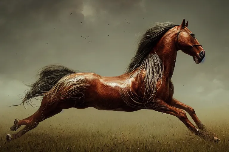 Image similar to a stunning horse, right anatomy, 4 legs, running through a meadow by greg rutkowski, high key lighting, volumetric light, digital art, highly detailed, fine detail, intricate, ornate, complex, octane render, unreal engine, photorealistic