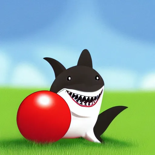 Prompt: ''Shark puppy playing with a ball on the grass, digital art, cute, fluffy''