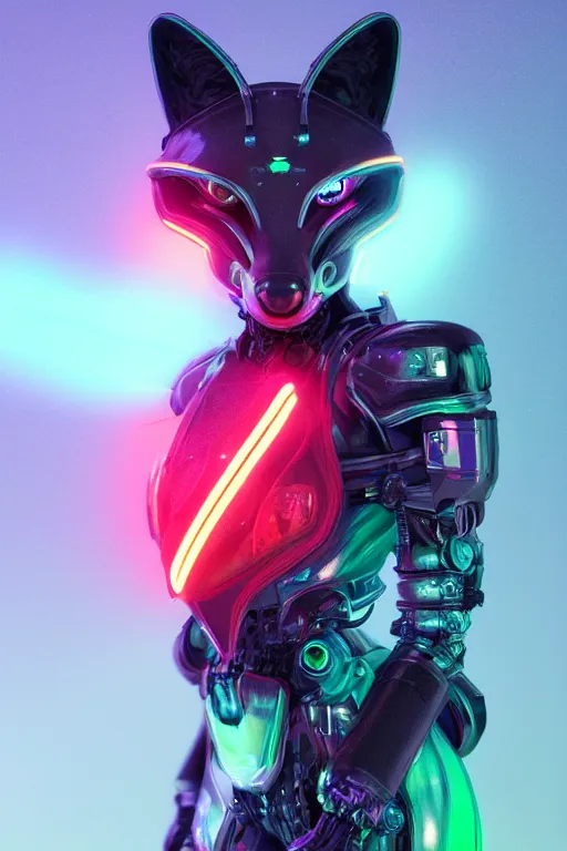 Prompt: stunning digital art of a cybernetic anthropomorphic fox wearing full-body neon armor, cyberpunk art, beautiful neon lighting, octane render, trending on ArtStation