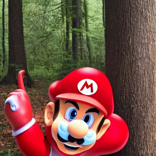 Image similar to italian man with a mustache dressed as mario wearing a solid red mario hat drooling, eyes rolled back, looking at red mushroom with white spots, in a forest