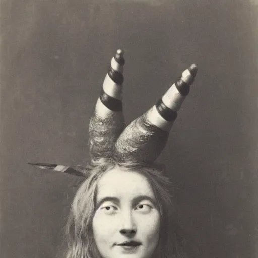 Prompt: Circus poster of a lady with a unicorn horn on her forehead, 19th century, 1900s photography