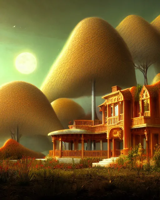 Prompt: a beautiful detailed render of nature city house by albert bierstadt, forest magic realism universe architecture island infrared vice city sunlight laser venus postcyberpunk fantasy darkacademia nature thermal imaging matte painting poppy desert san andreas, archdaily, wallpaper, highly detailed, trending on artstation.