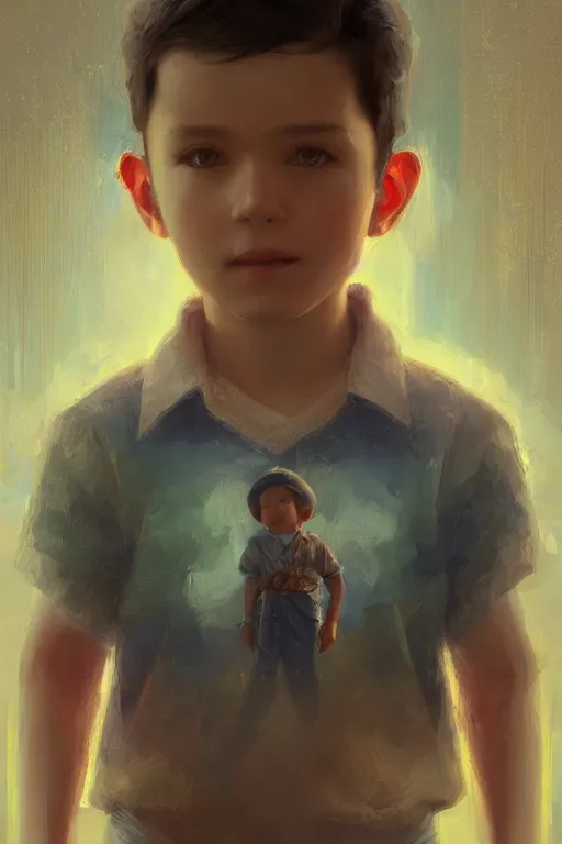 Image similar to little boy, close - up portrait, the portrait is decorated with blue and gold art deco patterns, powerfull, intricate, elegant, volumetric lighting, scenery, digital painting, highly detailed, artstation, sharp focus, illustration, concept art, ruan jia, steve mccurry