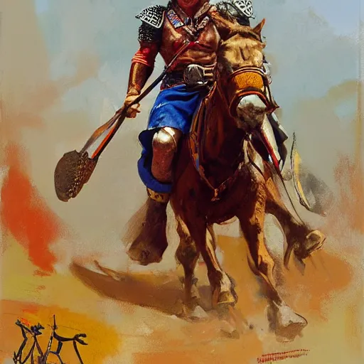 Image similar to portrait of mel gibson as rider with couched jousting lance, colorful caparisons, chainmail, detailed by greg manchess, craig mullins, bernie fuchs, walter everett