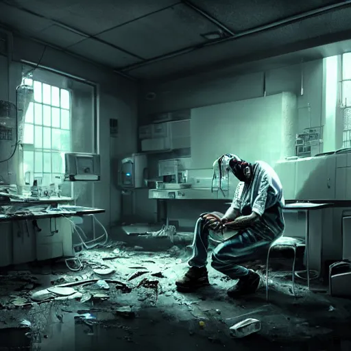 Image similar to tired drug addict holding a knife in an abandoned cyberpunk medical lab, ultra realistic, concept art, intricate details, eerie, highly detailed, photorealistic, octane render, 8k, unreal engine, art by Bjorn Hurri