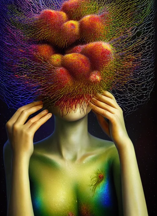 Image similar to hyper detailed 3d render like a Oil painting - Aurora (Singer) Eats of the Strangling Fruit and Her delicate Hands present the gossamer thin polyp celium blossoms bring iridescent fungal flowers whose spores black the foolish stars by Jacek Yerka, Mariusz Lewandowski, Houdini algorithmic generative render, Abstract brush strokes, Masterpiece, Edward Hopper and James Gilleard, Zdzislaw Beksinski, Mark Ryden, Wolfgang Lettl, hints of Yayoi Kasuma, octane render, unreal engine 5 render, 8k