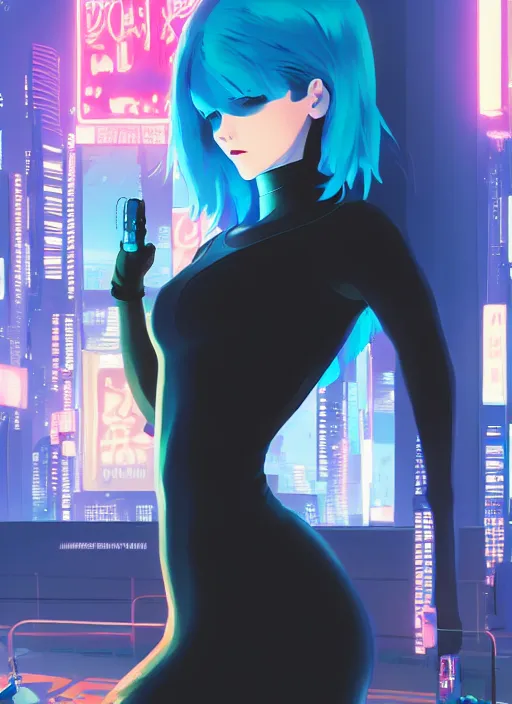 Image similar to digital illustration of cyberpunk pretty girl with blue hair, wearing a tight black dress, full body pose, in city street at night, by makoto shinkai, ilya kuvshinov, lois van baarle, rossdraws, basquiat