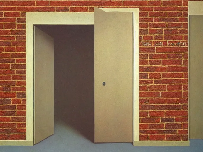 Prompt: an open door to nothingness in brick wall with endless hallway inside, painting by rene magritte, centered, high detail, high resolution
