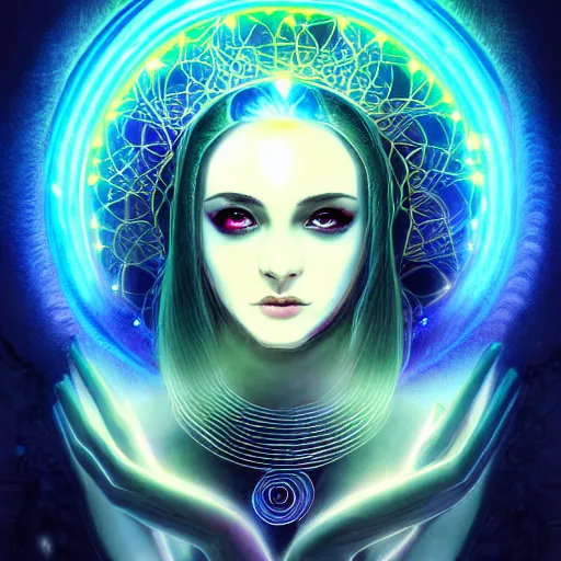 Prompt: a symmetrical portrait of a mystical feminine creature with glowing energies and particals, metal scales, surrounded by spirits, gloomy cinematic lighting, highly detailed, illustrated novel style, comic