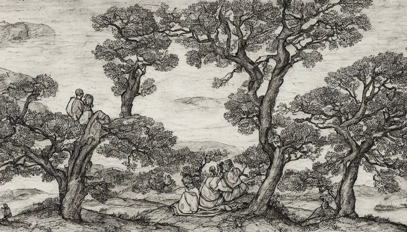 Prompt: a couple sits on a hill overlooking a river, wind blown trees, pen and ink, 1 5 0 0 s, 8 k resolution