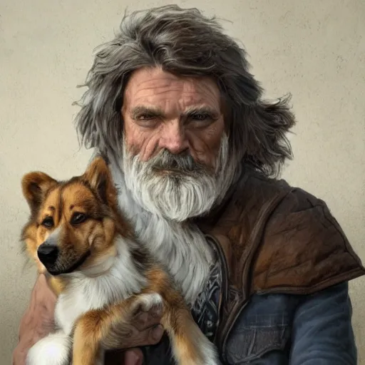 Prompt: portrait of a old, ruggedly handsome man holding a corgi dog, soft hair, muscular, full body, cloth, hairy, d & d, fantasy, intricate, elegant, highly detailed, digital painting, artstation, concept art, smooth, sharp focus, illustration, art by artgerm and greg rutkowski and alphonse mucha