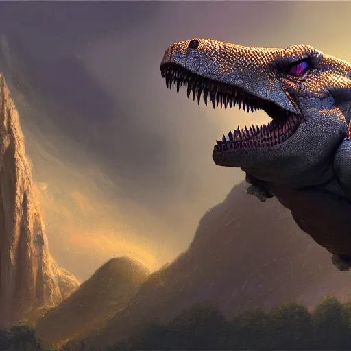 Prompt: matte painting of close up t - rex head, artwork by artgerm, style of thomas kinkade and greg rutkowski, ray traced