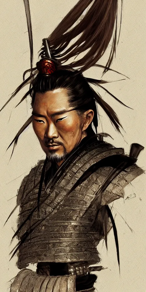 Prompt: portrait of a samurai with iron hair by Simon bisley, hyper detailled, trending on artstation