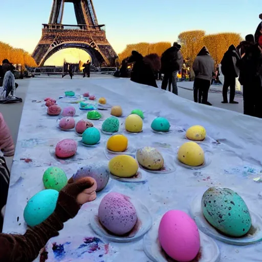 Image similar to A polar bear painting easter eggs in front of the Eiffel Tower