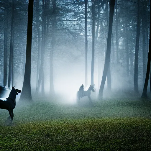 Prompt: a award winning photo of a horseman spirit running in a forest, volumetric light effect