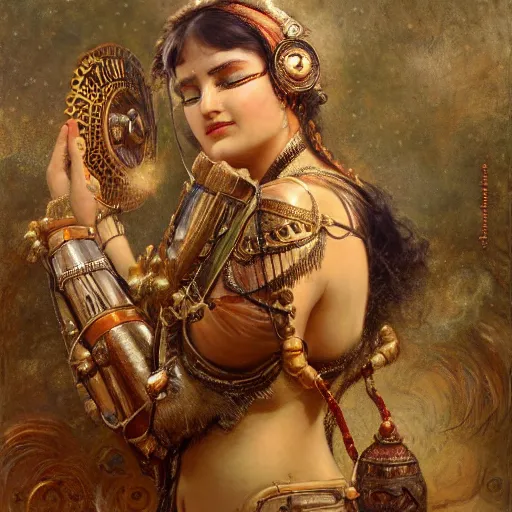 Image similar to detailed potrait of hindu traditional woman blindfolded by high - tech steam punk face armour, girl graceful,, painting by gaston bussiere, craig mullins, j. c. leyendecker, lights, art by ernst haeckel, john william godward, hammershøi,,