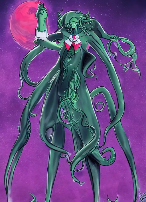 Image similar to Cthulhu as a Sailor moon main character, Concept Art, Anime illustration, very detailed